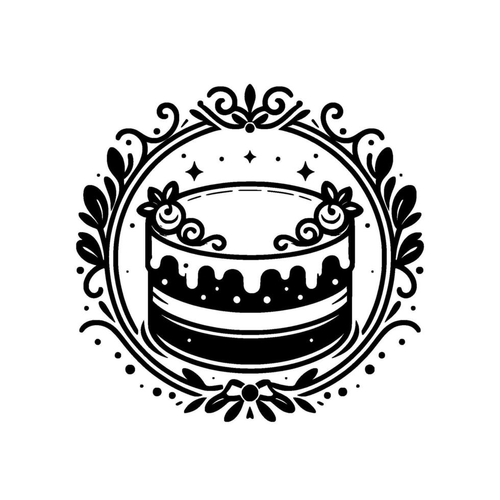 Elegant Black and White Cake Illustration in a Decorative Floral and Swirl Frame, Featuring Drips, Berries, and Stellar Accents. vector