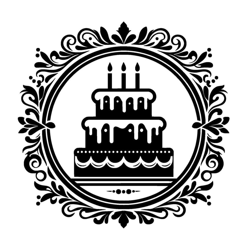 A threetiered birthday cake with candles inside an ornate, swirling, and elegant black and white circular frame, perfect for celebrations. vector