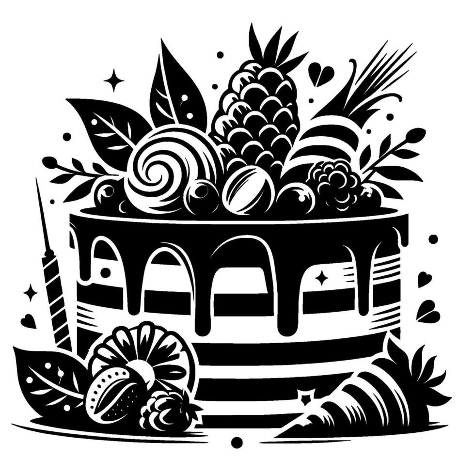 A black and white illustration of a fruittopped cake with a pineapple and a swirl candy and a cake slice. vector