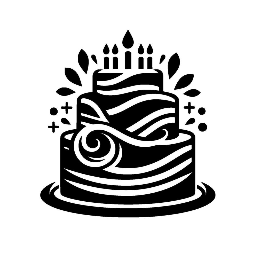 Monochrome, threetiered birthday cake silhouette with candles, decorative leaves, swirls, and plus signs on a white backdrop, creating a festive and artistic composition. vector