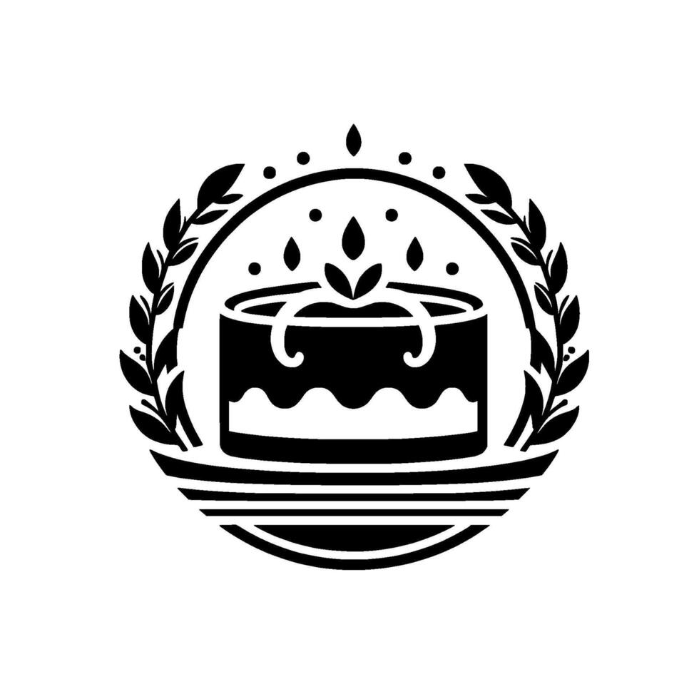 Minimalist Black and White Cake Emblem, Circular Composition, Decorated with Foliage, Perfect for Bakery Branding. vector