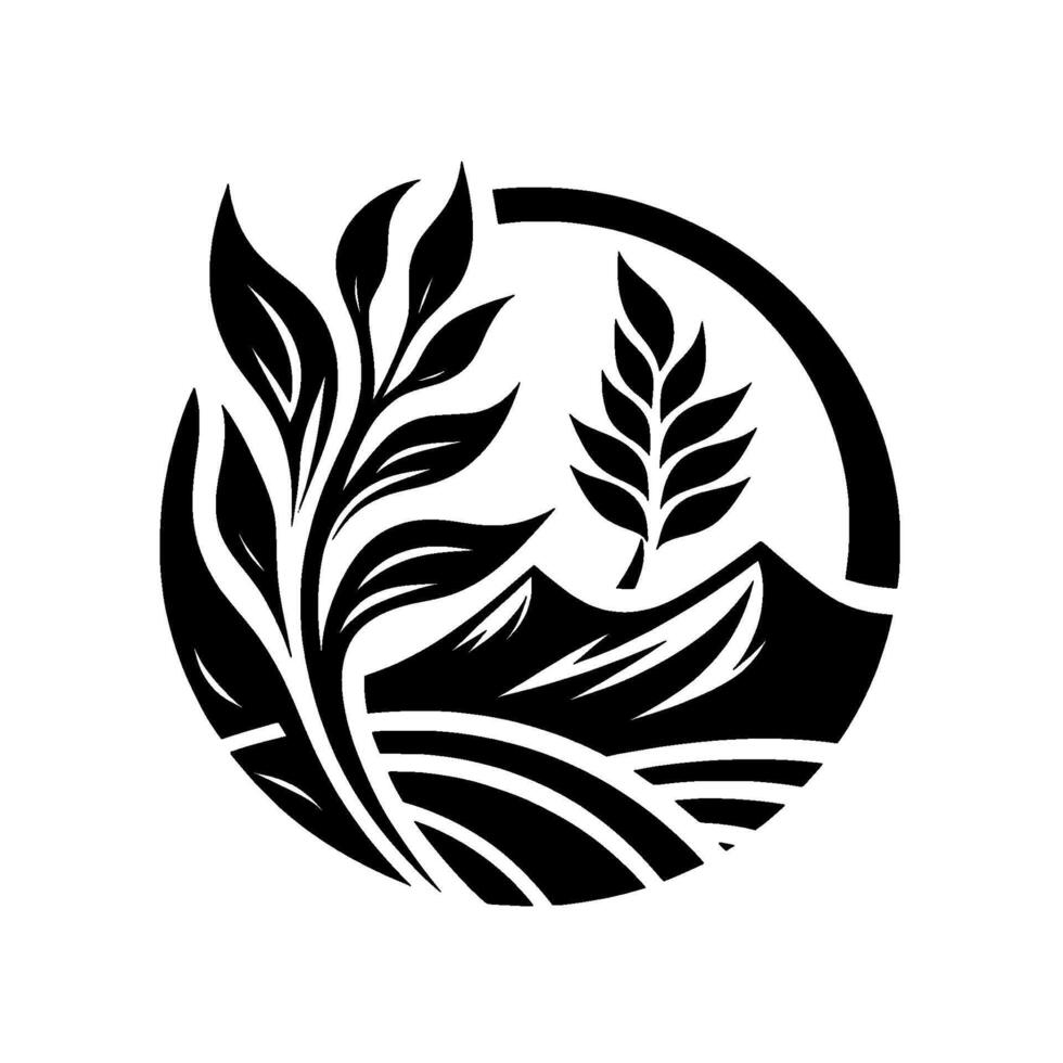 Monochrome circular featuring stylized leaves and mountain range, evoking nature, agriculture and organic farming. vector