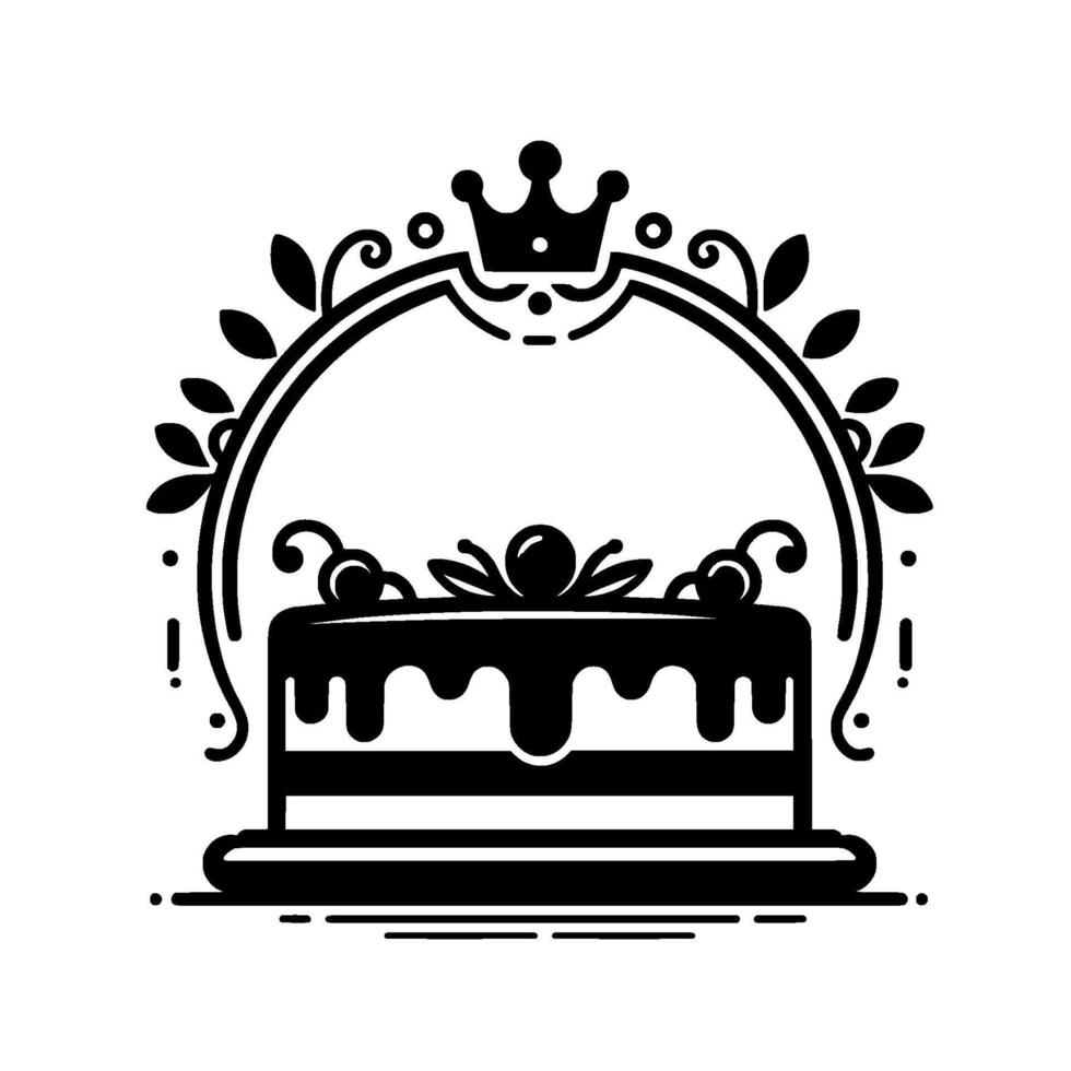 Elegant Monochrome Cake with Crown, Cherries, and Decorative Floral Arch Celebration Symbol vector