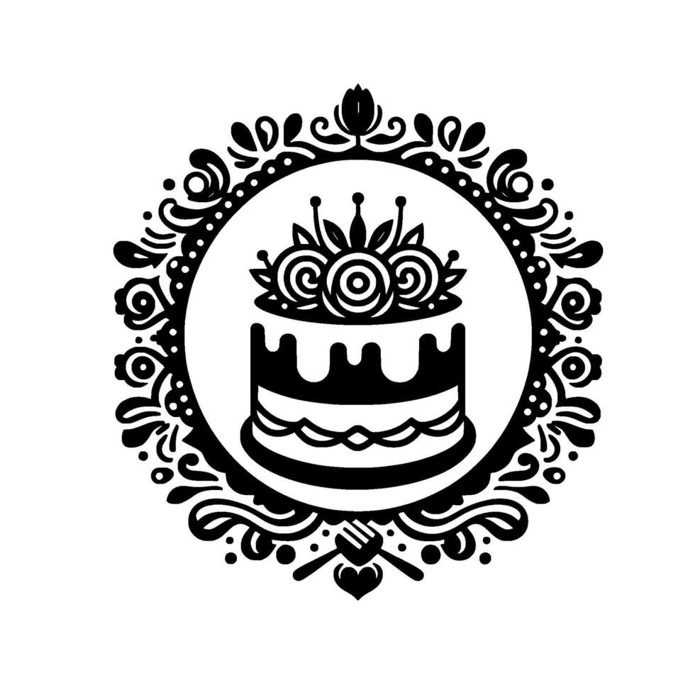 Elegant Black and White Cake Emblem with Decorative Floral Frame, Forks, and Heart. vector
