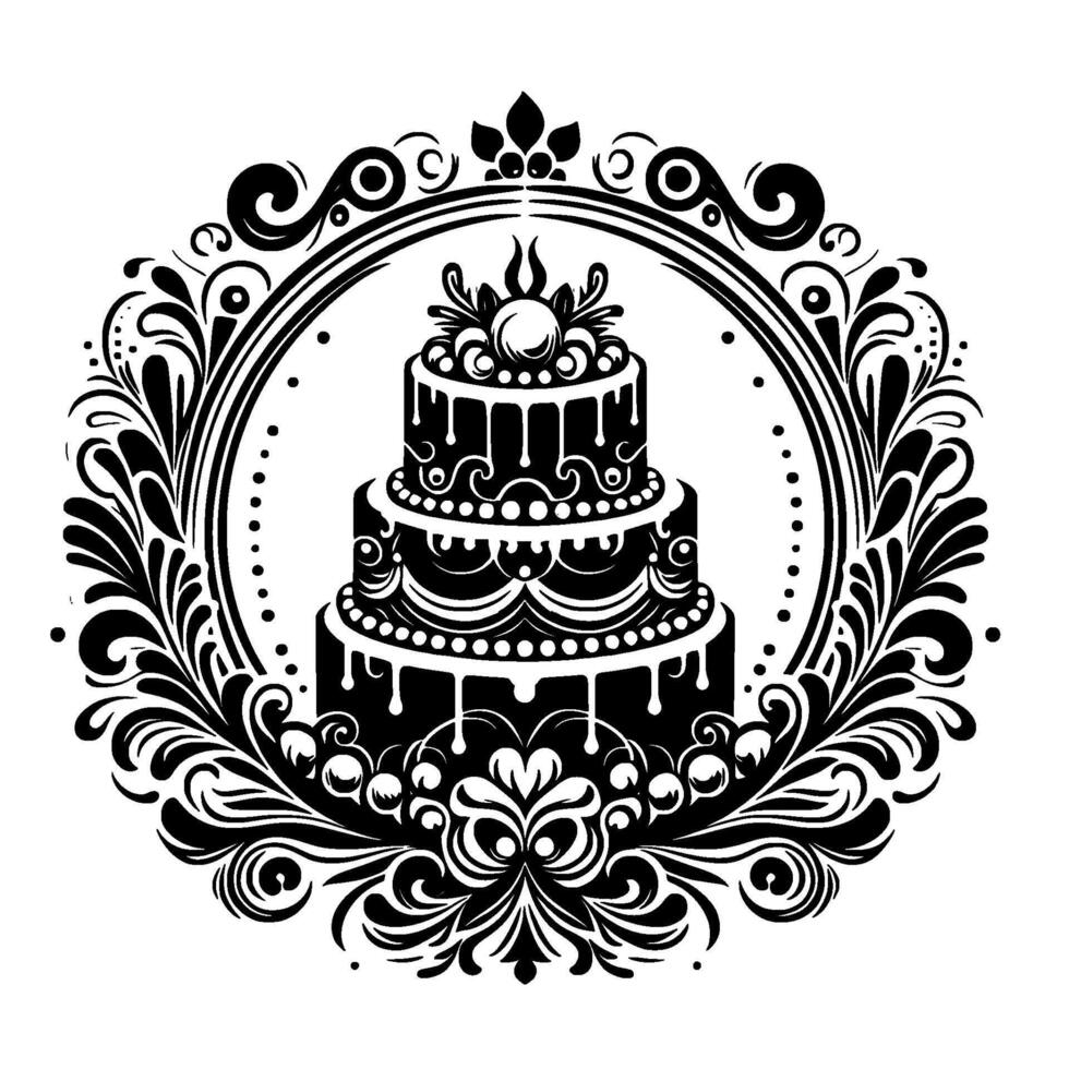 Intricate black and white illustration of a tiered cake inside an ornate floral circular frame, elegant and festive. vector