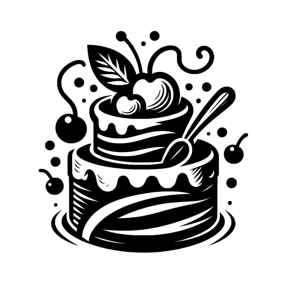 Stylized Black White Illustration of a TwoTiered Cake with Cherries, a Spoon, and Decorative Flourishes. vector