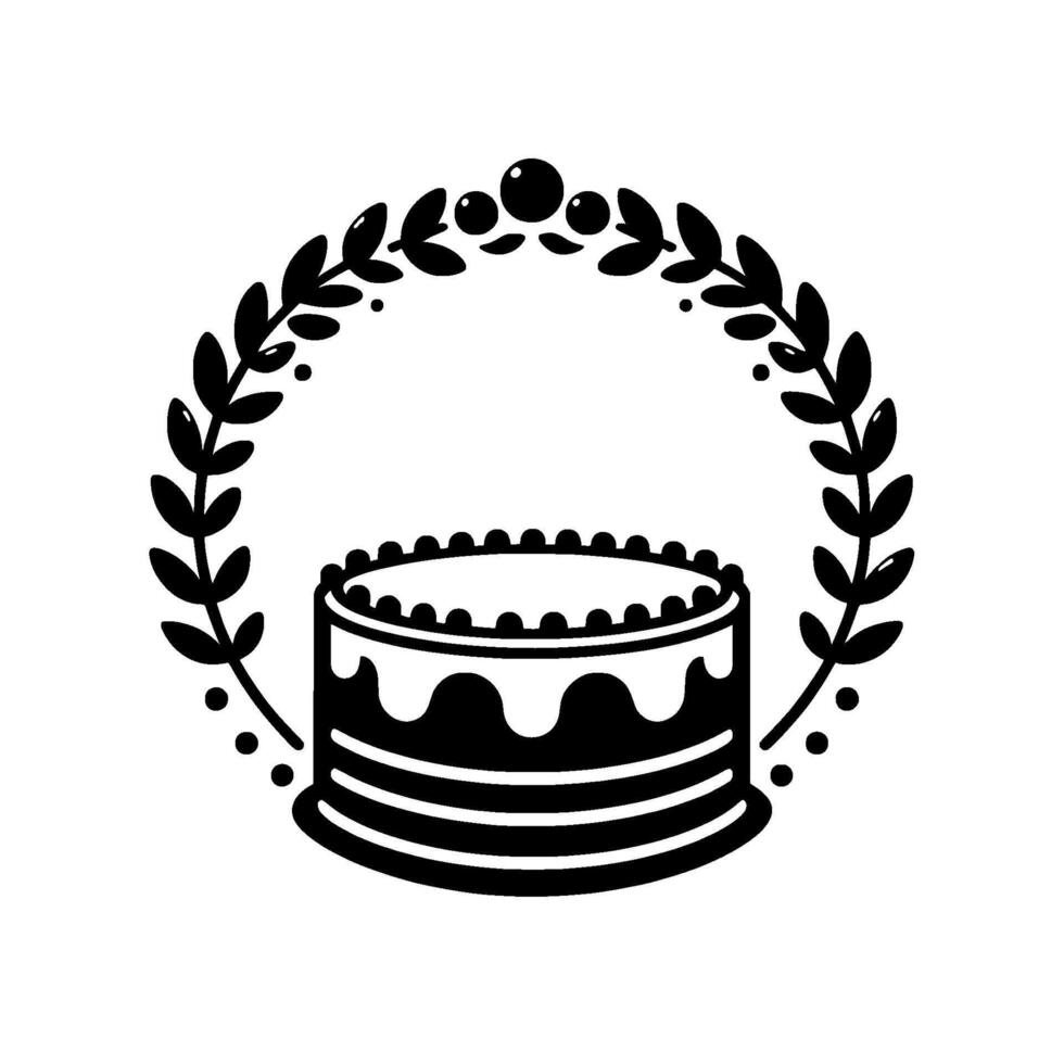 Elegant Black White Illustration Layered Cake Enclosed by a Laurel Wreath, Perfect for Celebration and Festive Designs. vector