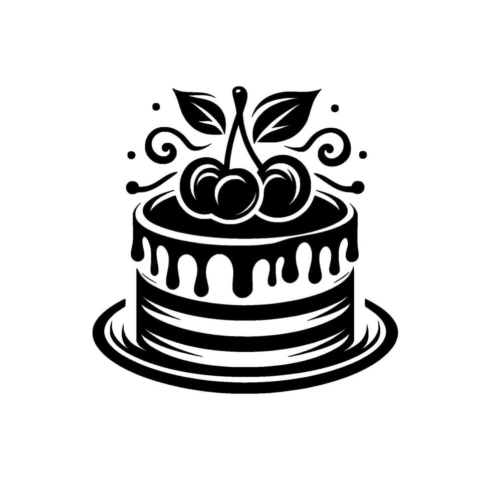 Black and White Cake with Cherries Simple, elegant illustration of a tiered cake topped with cherries, a classic bakery design. vector