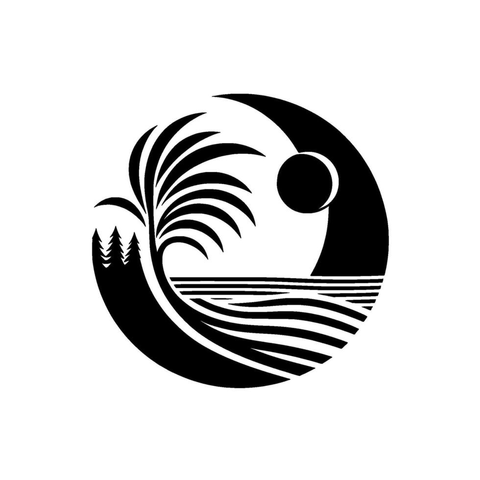 Stylized Black White Coastal Scene Palm Tree, Ocean, Moon, and Evergreen Trees Contained within a Circular Design. vector