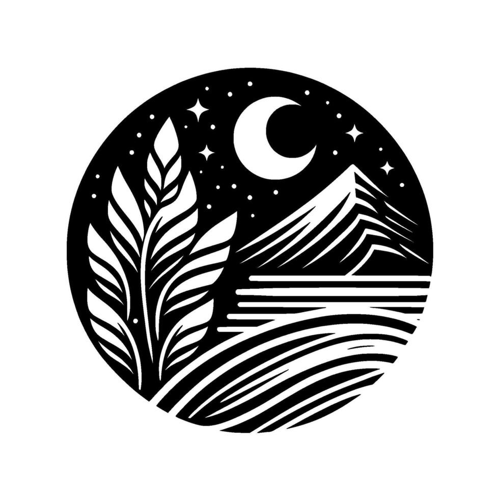 Minimalist Nighttime Mountain Landscape Inside a Circle Moon, Stars, Trees, and Water in Black and White vector