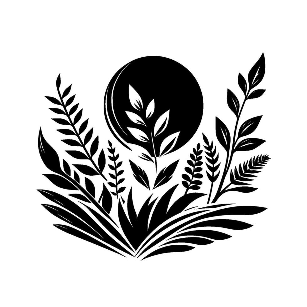 Black and white floral illustration featuring various plant leaves and a central orb, evoking natures elegance. vector