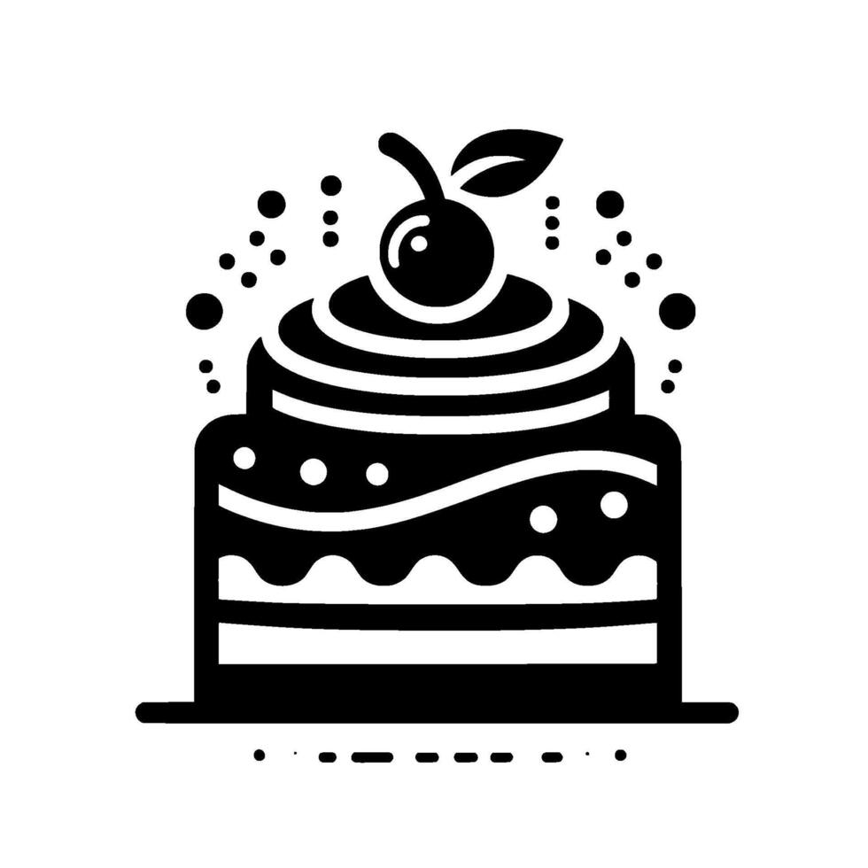 Minimalist Black and White TwoTier Cake with Cherry Topping and Floating Decorative Dots on White Background. vector