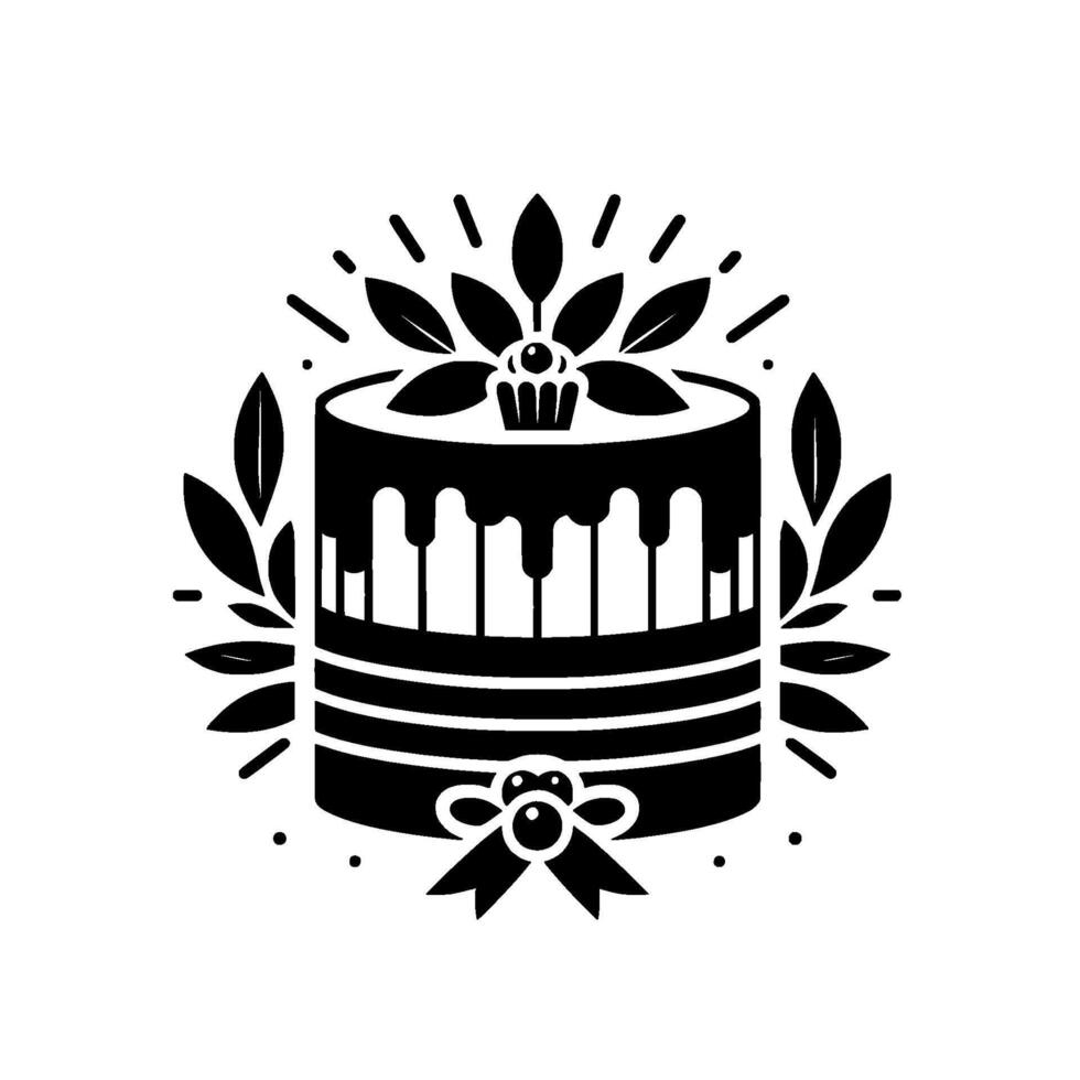 Elegant, minimal black and white emblem of a tiered cake with leaf embellishments, a cupcake, and a ribbon, for celebration vector