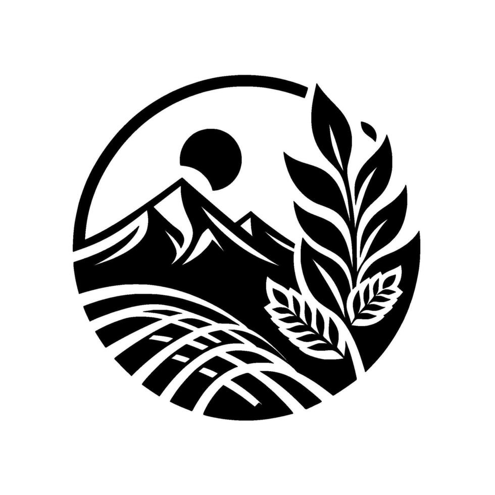 Black and White Circular of Mountain Landscape, Sun, Fields, and Leaves, Illustrative Design. vector
