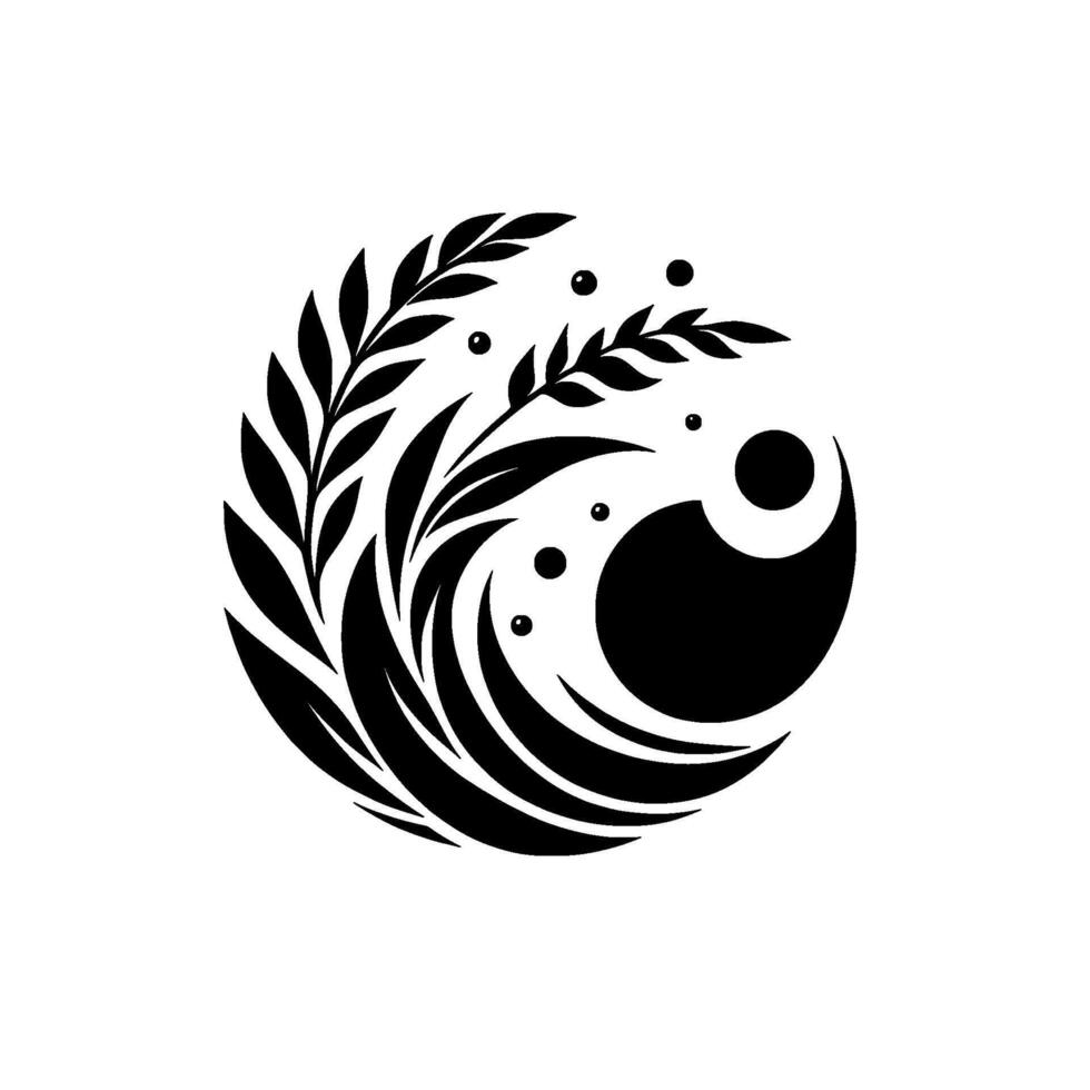 Black White Circular Logo Abstract Floral with Leaves, Berries, and a Crescent Moon Shape. vector