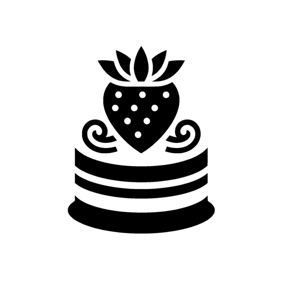 A stylized black and white illustration featuring a tiered cake topped with a strawberry and swirly decorative elements. vector