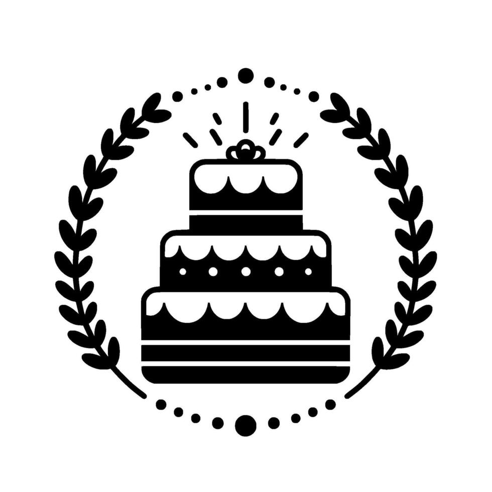 A minimalist threetiered cake encircled by a laurel wreath and dotted embellishments, suitable for weddings or celebrations. vector