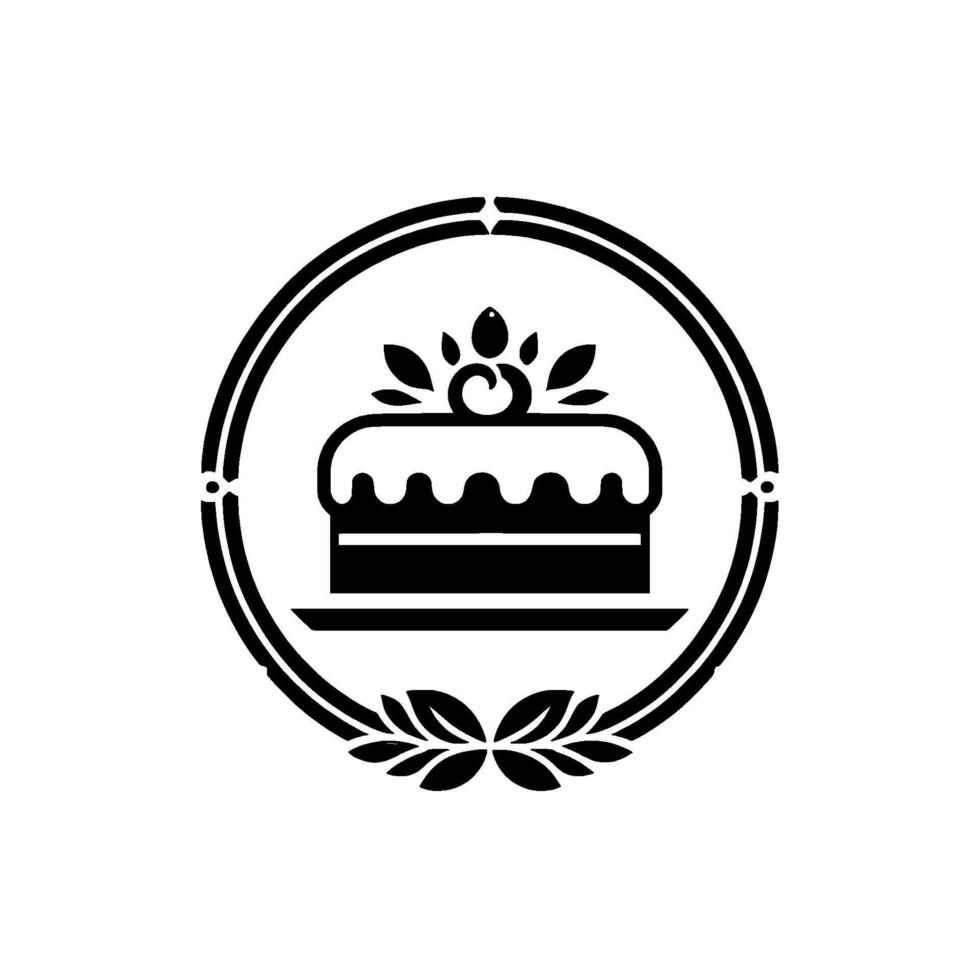 Monochromatic cake illustration within an ornate circular emblem, featuring a decorative border, leaves, and a stylized dessert. vector