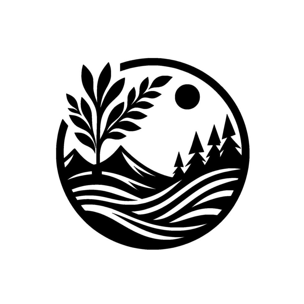 Black and white minimalist nature scene within a circle, featuring tree, mountains, forest, sun, and stylized landscape. vector