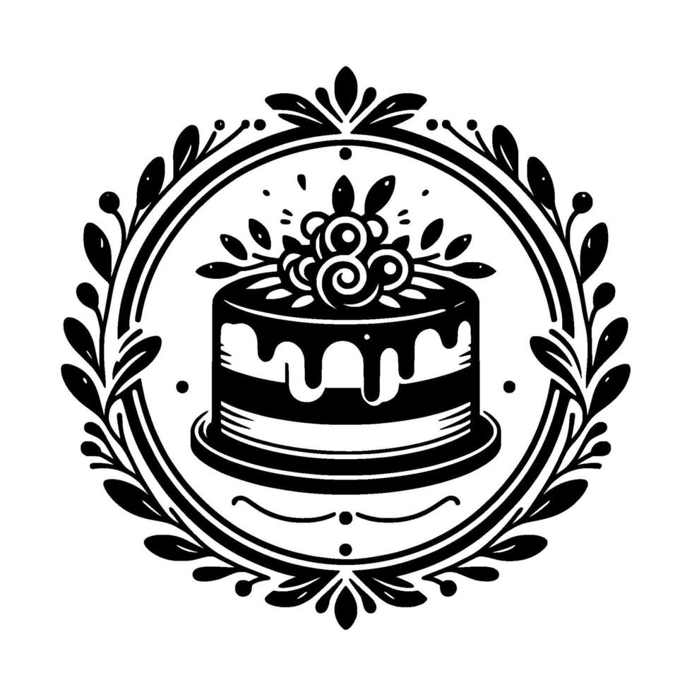 Elegant Black and White Illustration Tiered Cake with Floral Embellishments Enclosed Within a Decorative Leafy Wreath on a White Background vector