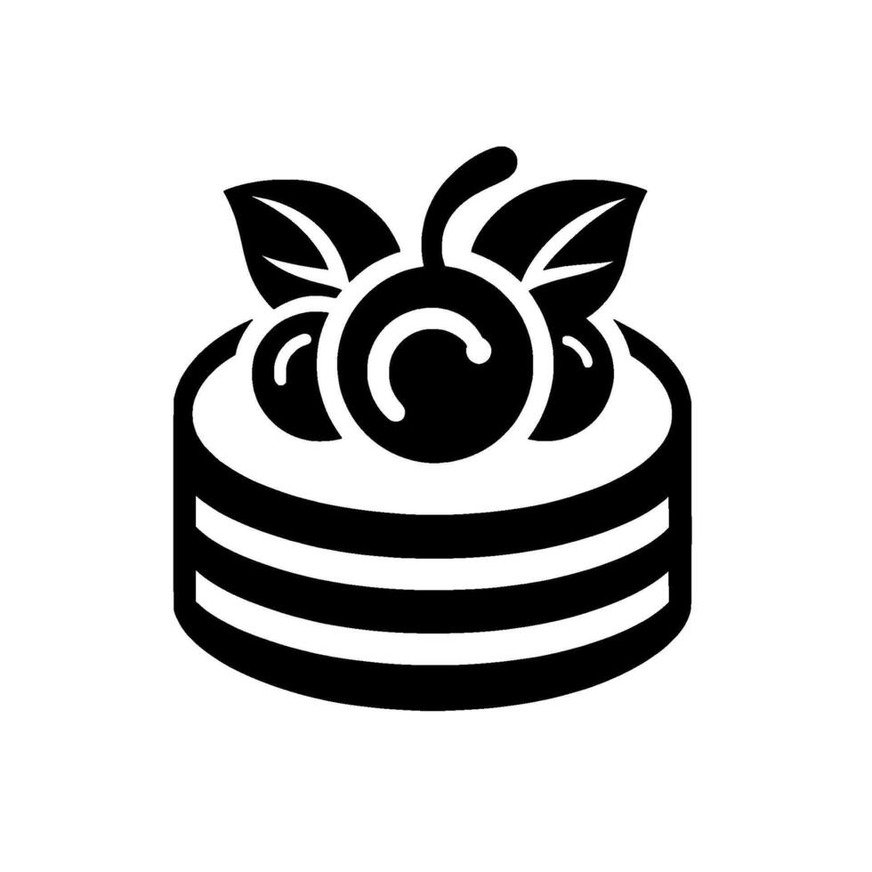 Simple black and white illustration of a layered cake topped with cherries and leaves, elegant and minimalistic design. vector