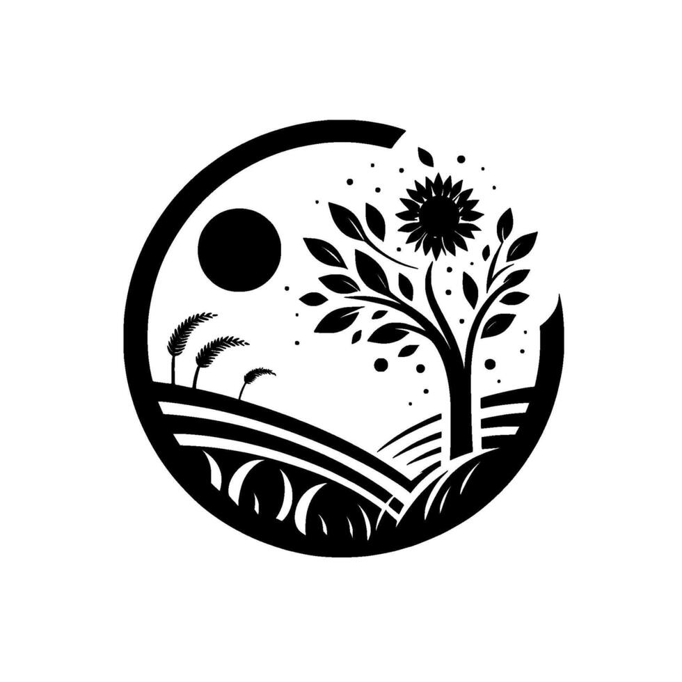A minimalist, stylized black and white circular landscape illustration, featuring a tree with a sunflower, fields, sun, and wheat, symbolizing nature and agriculture. vector