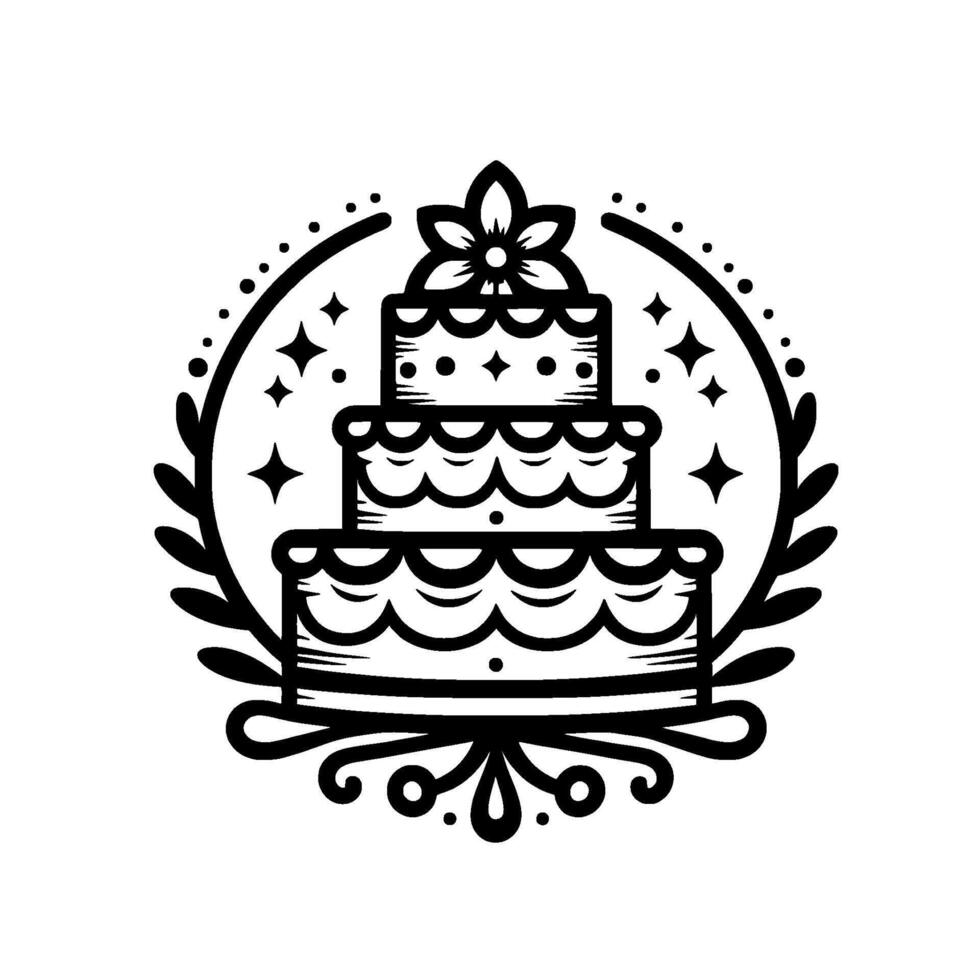Elegant Black and White Illustration ThreeTiered Cake with Floral Topper, Laurel Wreath, Star Accents, and Ornate Flourishes. vector