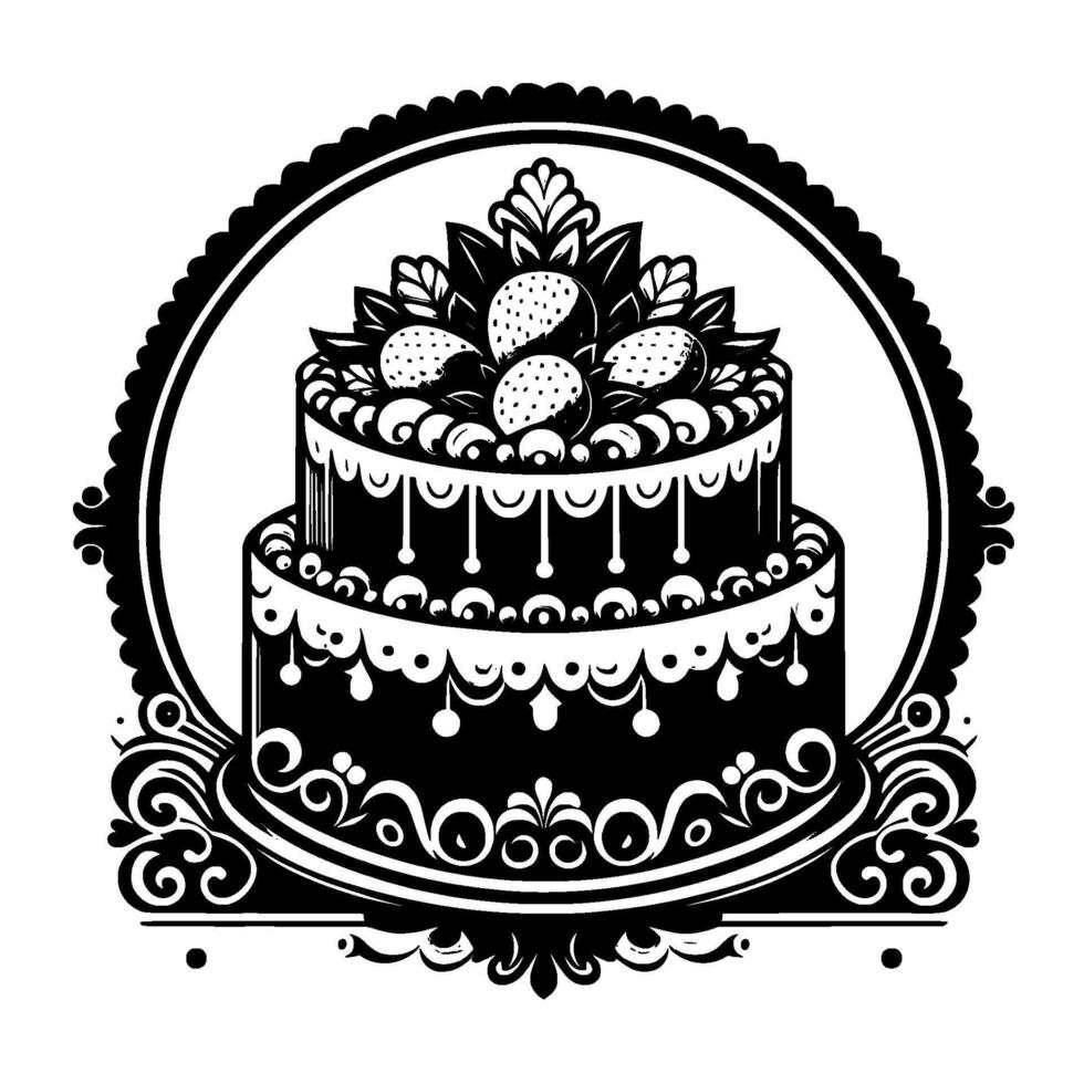Elegant Black and White TwoTiered Cake Decorated with Strawberries, Encased in Ornate Circular Frame vector