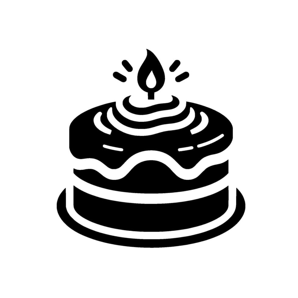 A monochrome, illustration of a twolayered birthday cake with lit candle and decorative frosting on a white background. vector