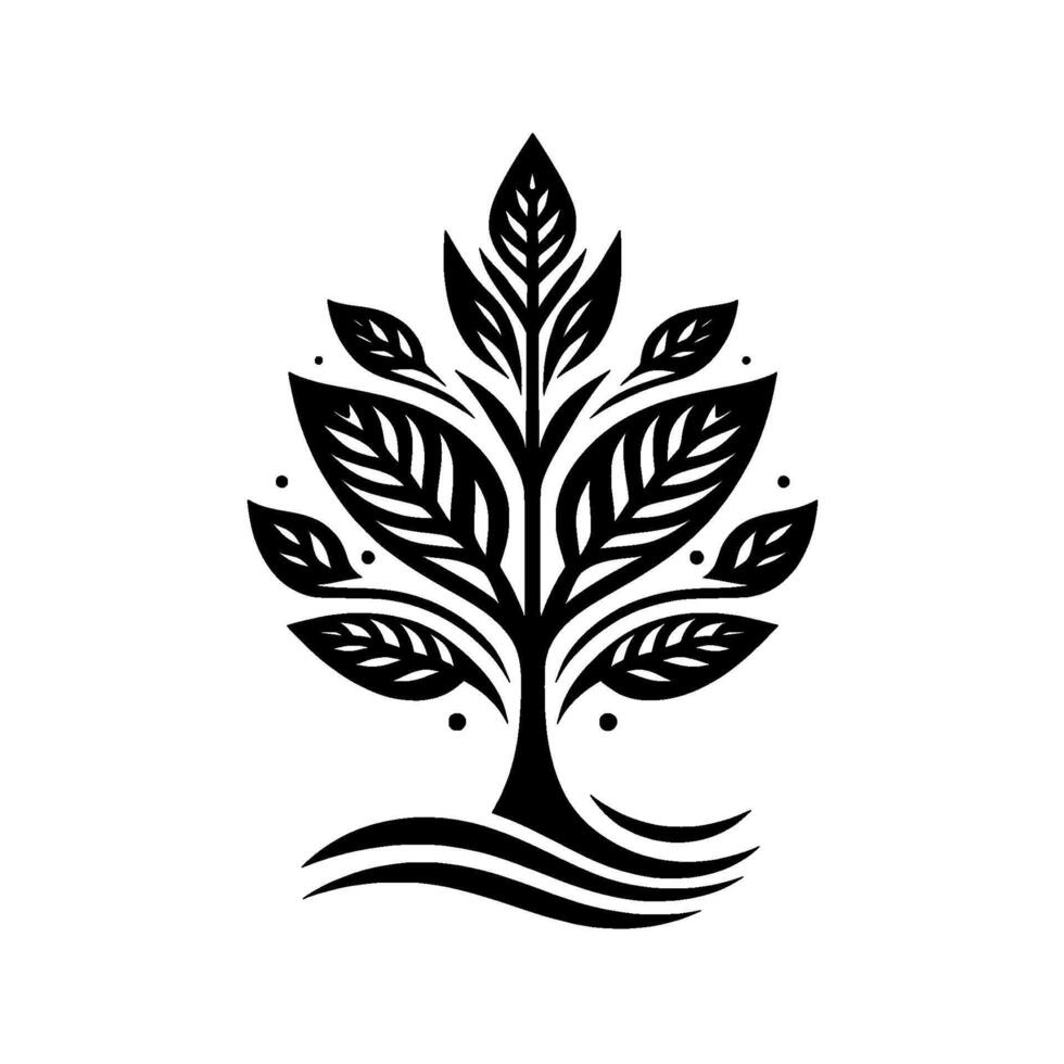 Black and White Stylized Tree Illustration with Detailed Leaves, Dots and Wavelike base, isolated on white. vector