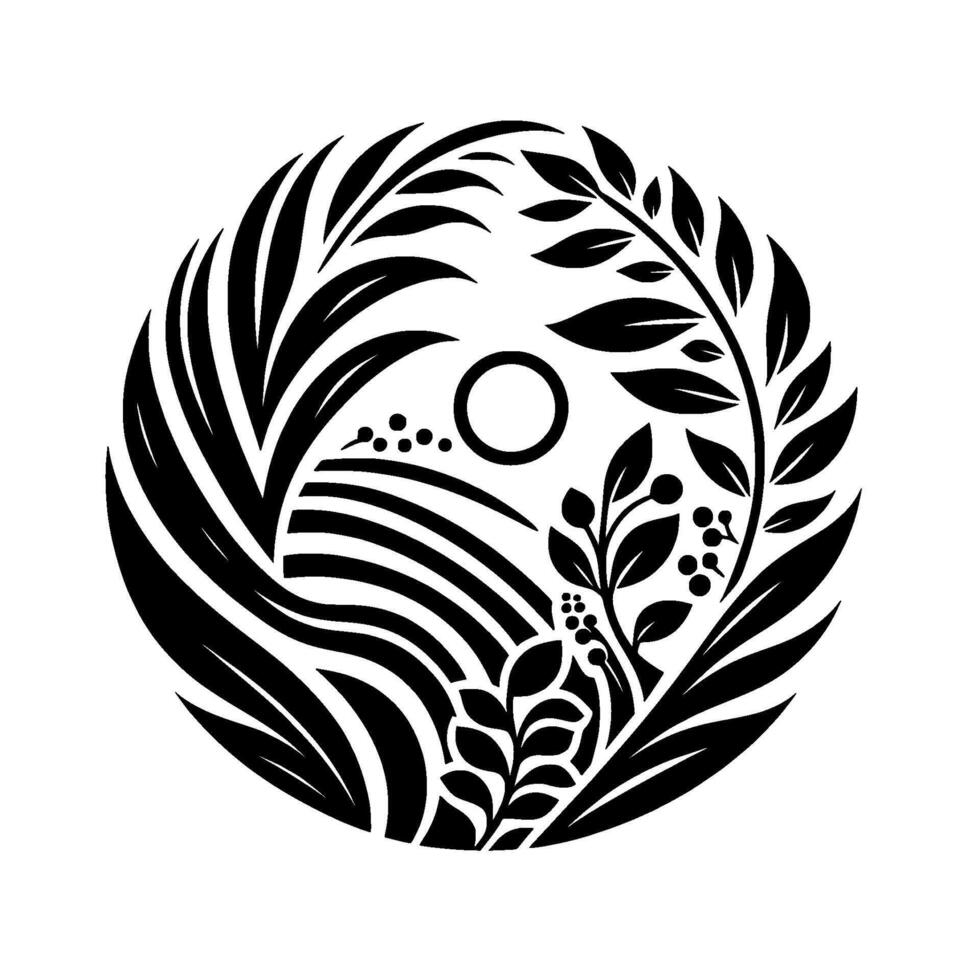 Black White Botanical Mandala Circular artwork featuring stylized leaves, berries, concentric lines, and a central ring on a white background. vector