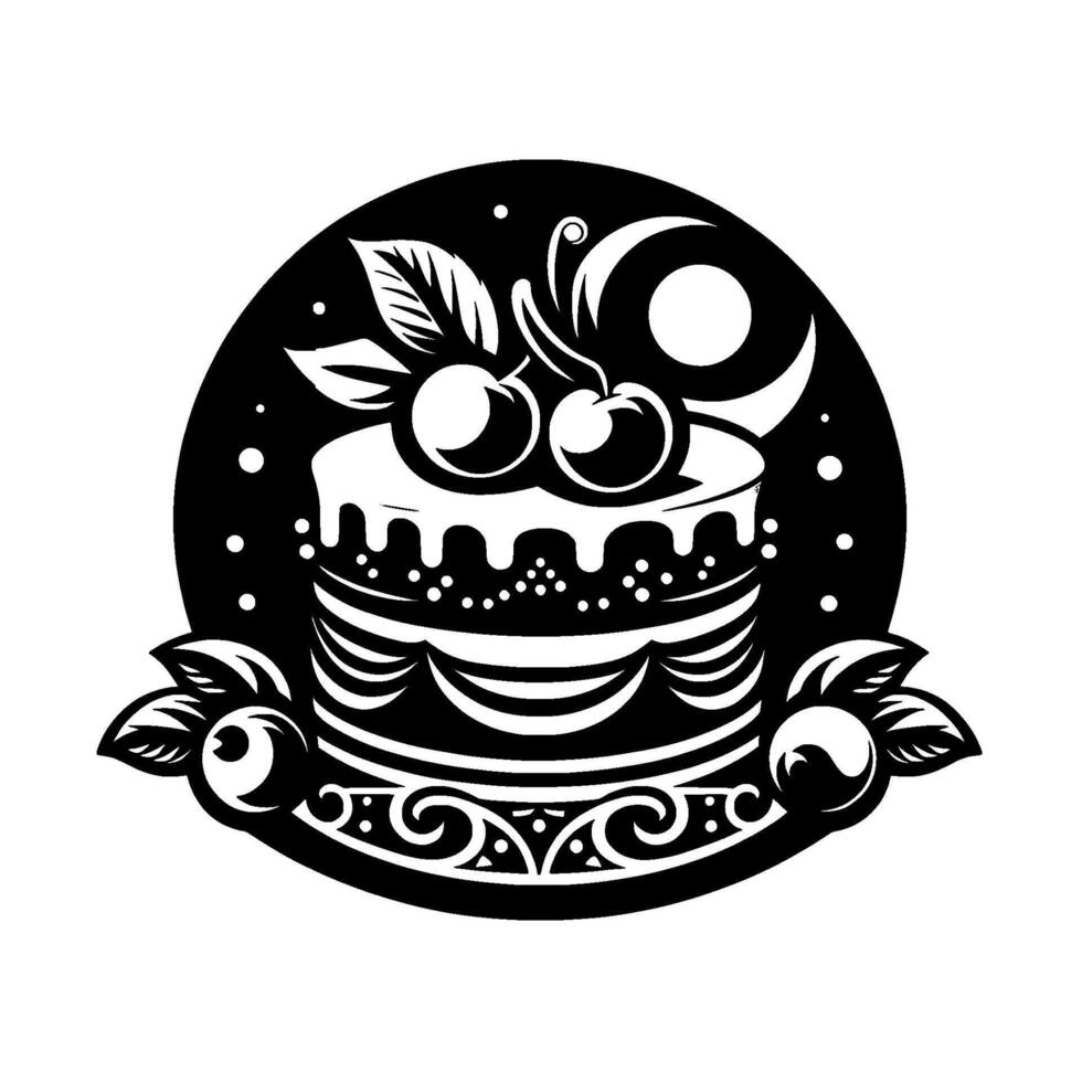 Elegant Black and White Cake Illustration, Featuring Cherries, Leaves, and Ornamental Within a Circular Composition. vector