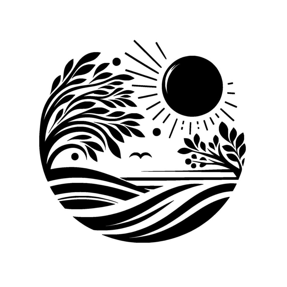 Black and White Circular Landscape Illustration Rolling Fields, Sun, Trees, Bird, and Minimalist Design. vector