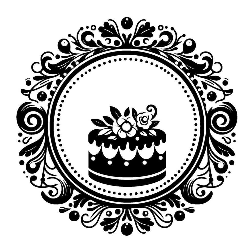 Monochromatic cake emblem, encircled by ornate, swirling floral border, dotted frame, floral accents, clean design. vector