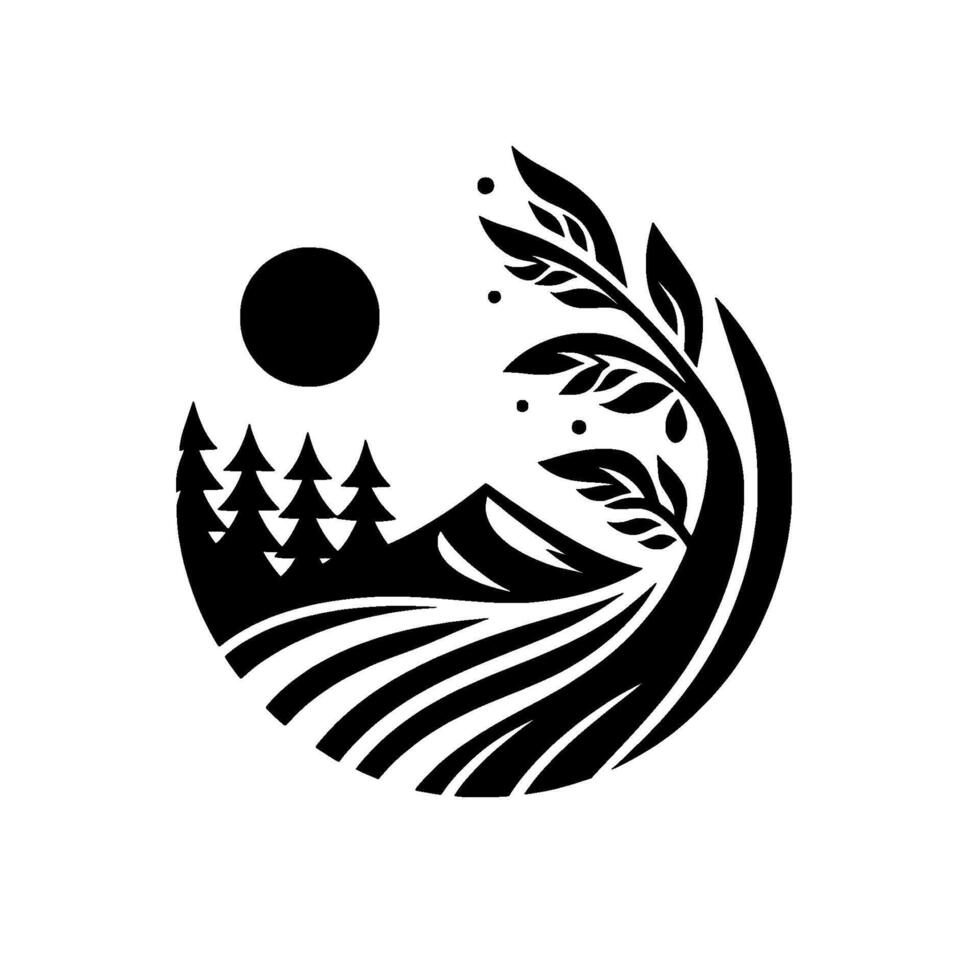Minimalist monochromatic nature scene, depicting mountain, trees, moon, and a stylized tree within a circular composition. vector