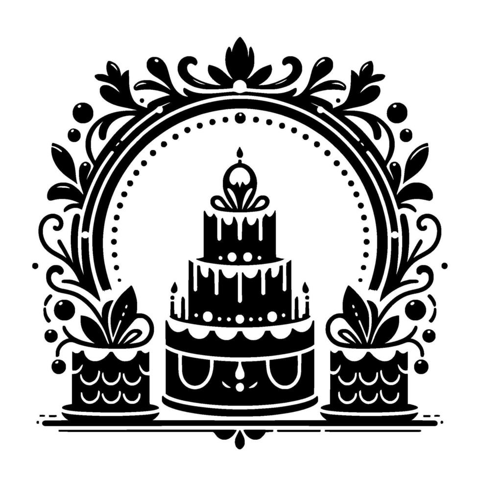 Decorative Black and White Illustration Tiered Birthday Cake Inside a Floral Arch with Potted Plants, Minimalist Design. vector
