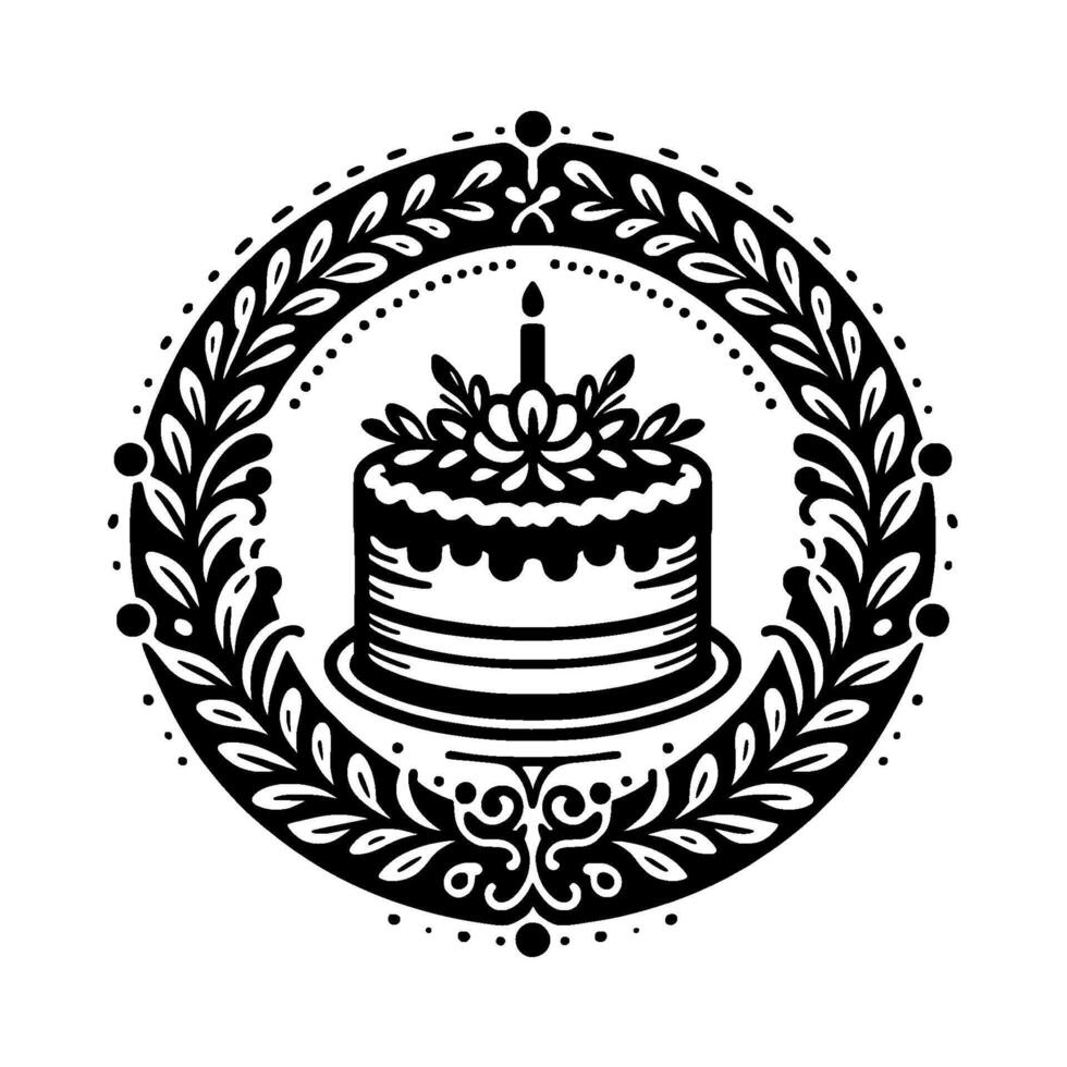 Intricate black and white emblem featuring a tiered cake with a lit candle, surrounded by a decorative floral wreath, evoking vintage charm. vector