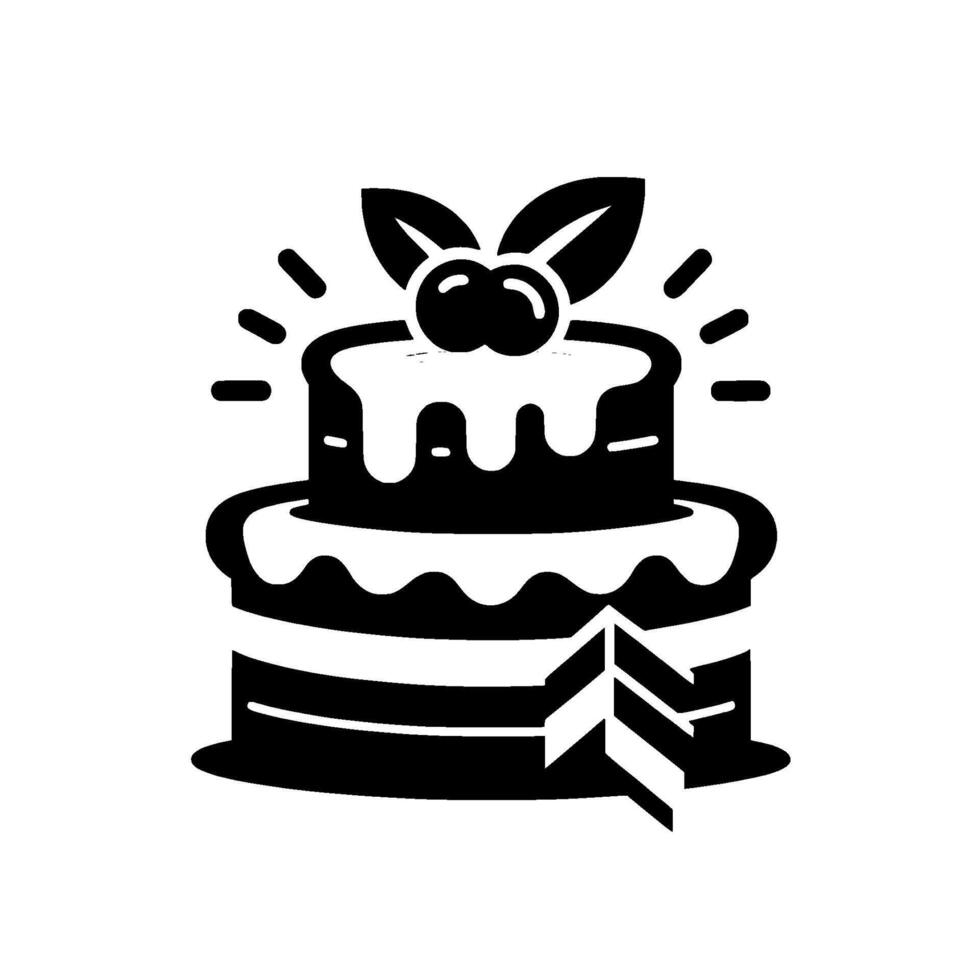 Stylized TwoTiered Cake with Icing, Cherries, Leaves, and a Cut Slice, Monochrome on White. vector