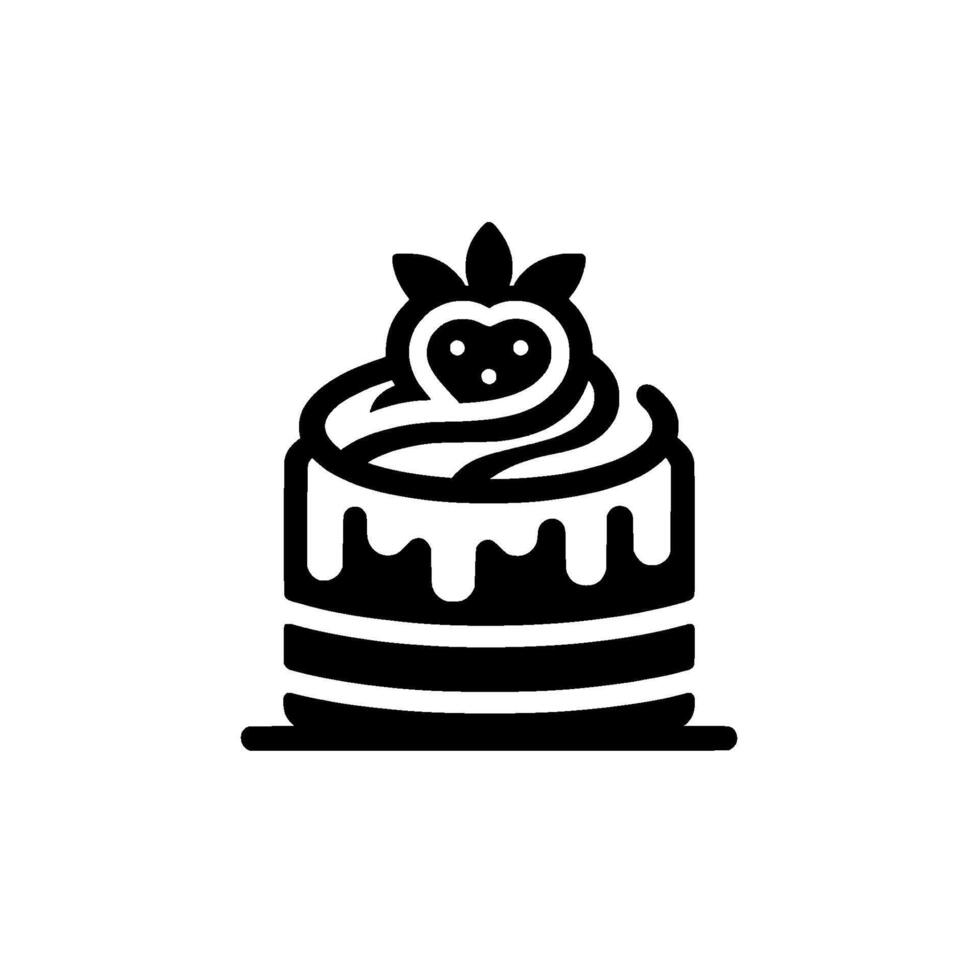 Minimalist Black and White of a Layered Cake with Icing and a StrawberryShaped Topping on White Background. vector
