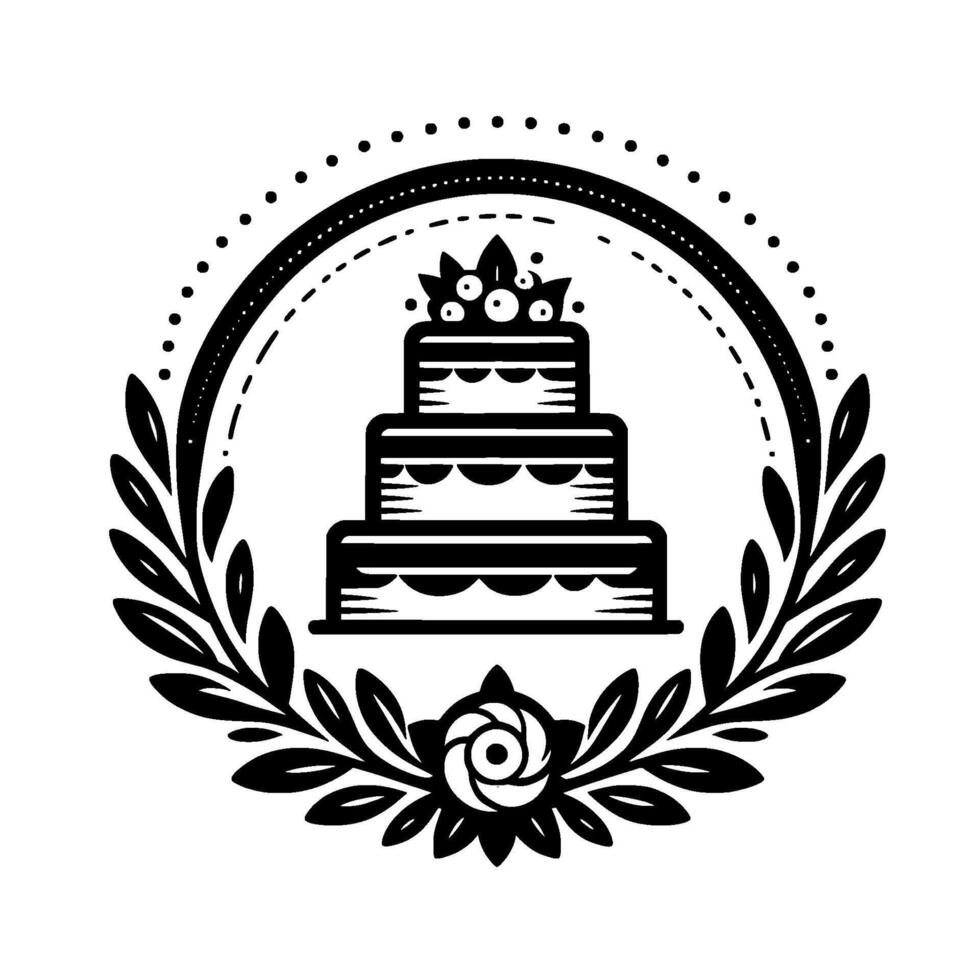 Elegant black and white illustration of a threetiered cake within a laurel wreath and dotted circle, signifying celebration and special occasions. vector