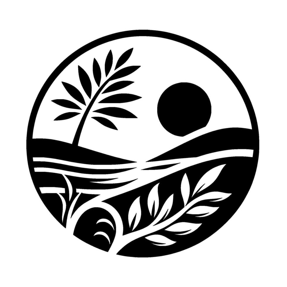 Serene black and white landscape illustration within a circle, featuring a stylized tree, sun, hills, and floral elements, evoking tranquility. vector