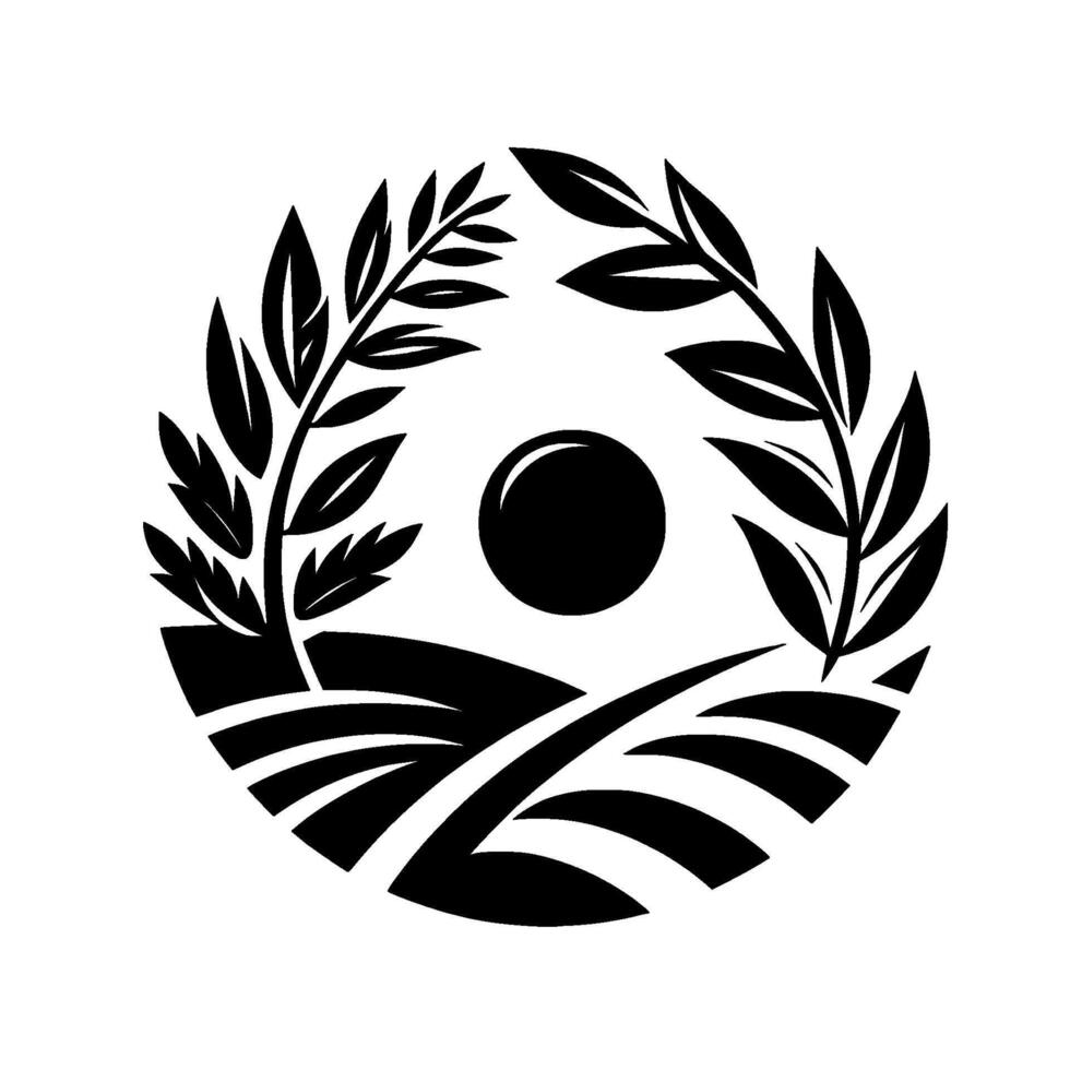 Black and white minimalist emblem Leafy branches frame a sun over stylized fields within a circular border. vector
