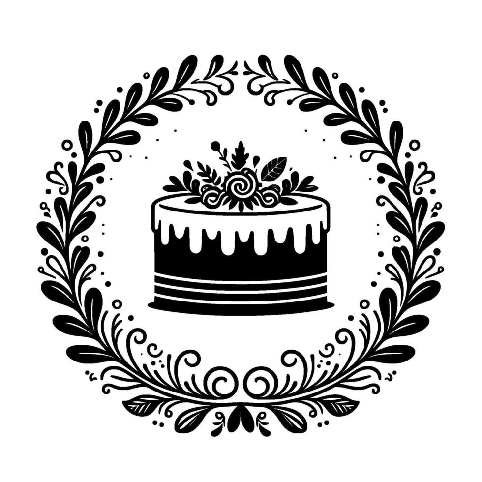 Elegant Black and White Birthday Cake Illustration Within a Delicate Floral Wreath, Festive and Decorative Design. vector