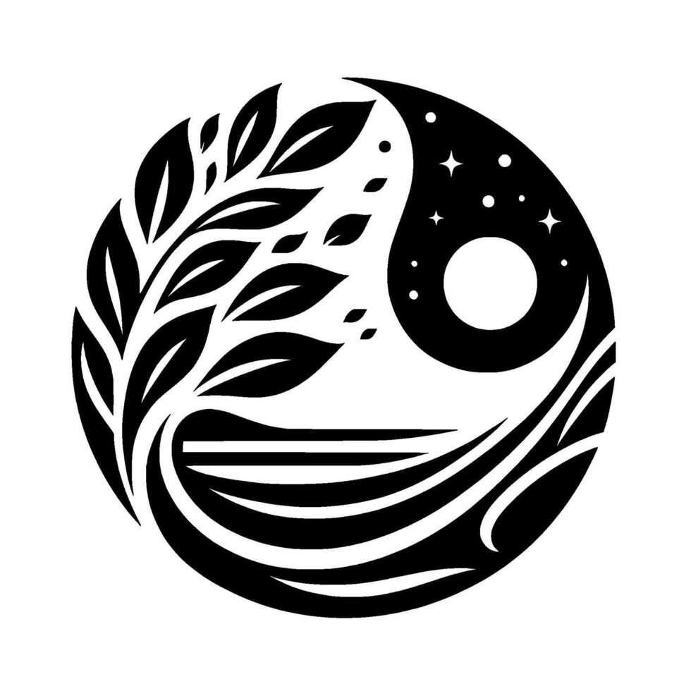 Black and white YinYang emblem Natures Tree of Life balanced with the cosmos moon stars, and rolling landscape. vector