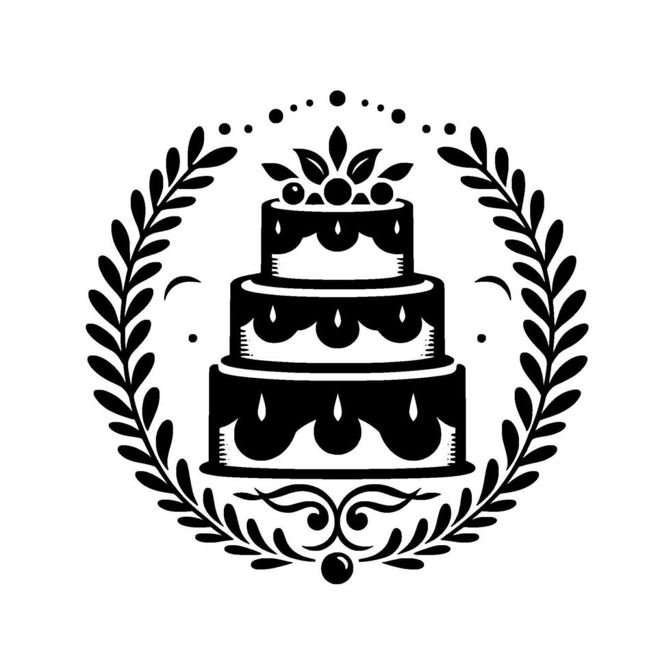 Elegant Black and White Tiered Cake surrounded by Leafy Wreath and Decorative Embellishments on White Background. vector