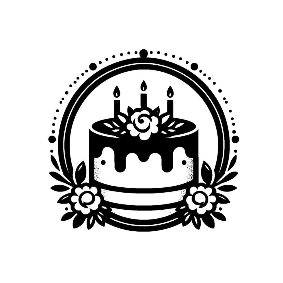 Monochromatic Birthday Cake Emblem Decorative black and white illustration featuring a layered cake with floral accents, three candles, and a circular dotted frame. vector