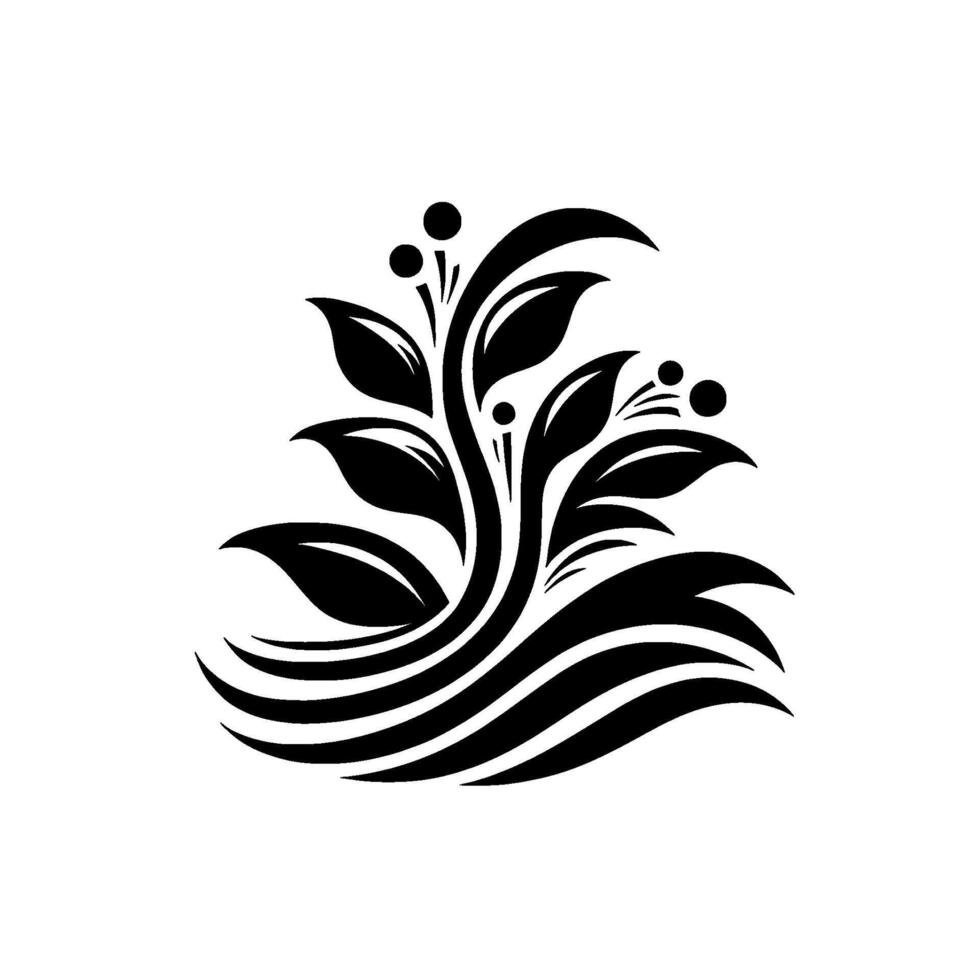 Elegant Black and White Floral Emblem Stylized Botanical with Leaves, Berries, and Swirling Lines on White. vector