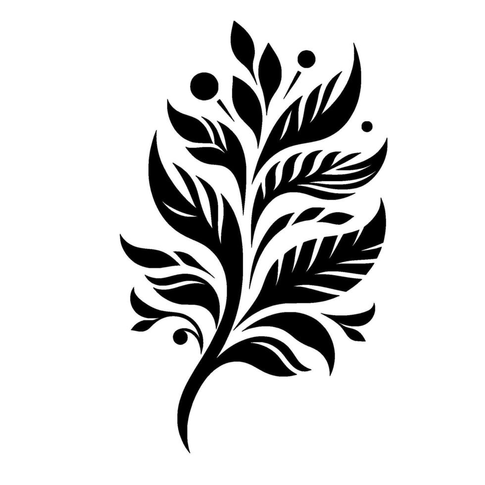 Elegant Black and White Floral Illustration Featuring Detailed Leaves, Berries, and Curvaceous Stem on White Background. vector