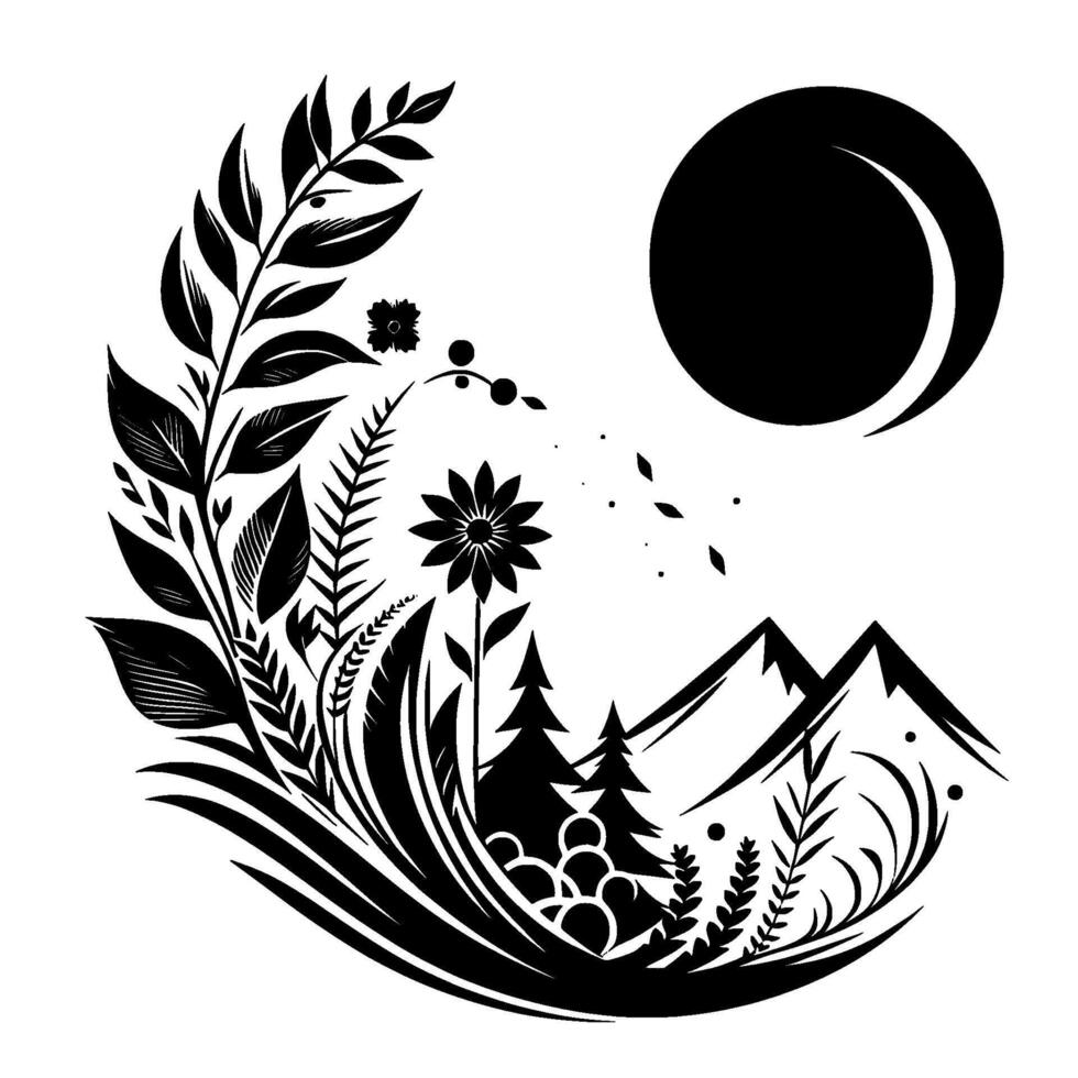 Black and White Nature Illustration Floral Crescent, Mountains, Trees, and Celestial Body. vector
