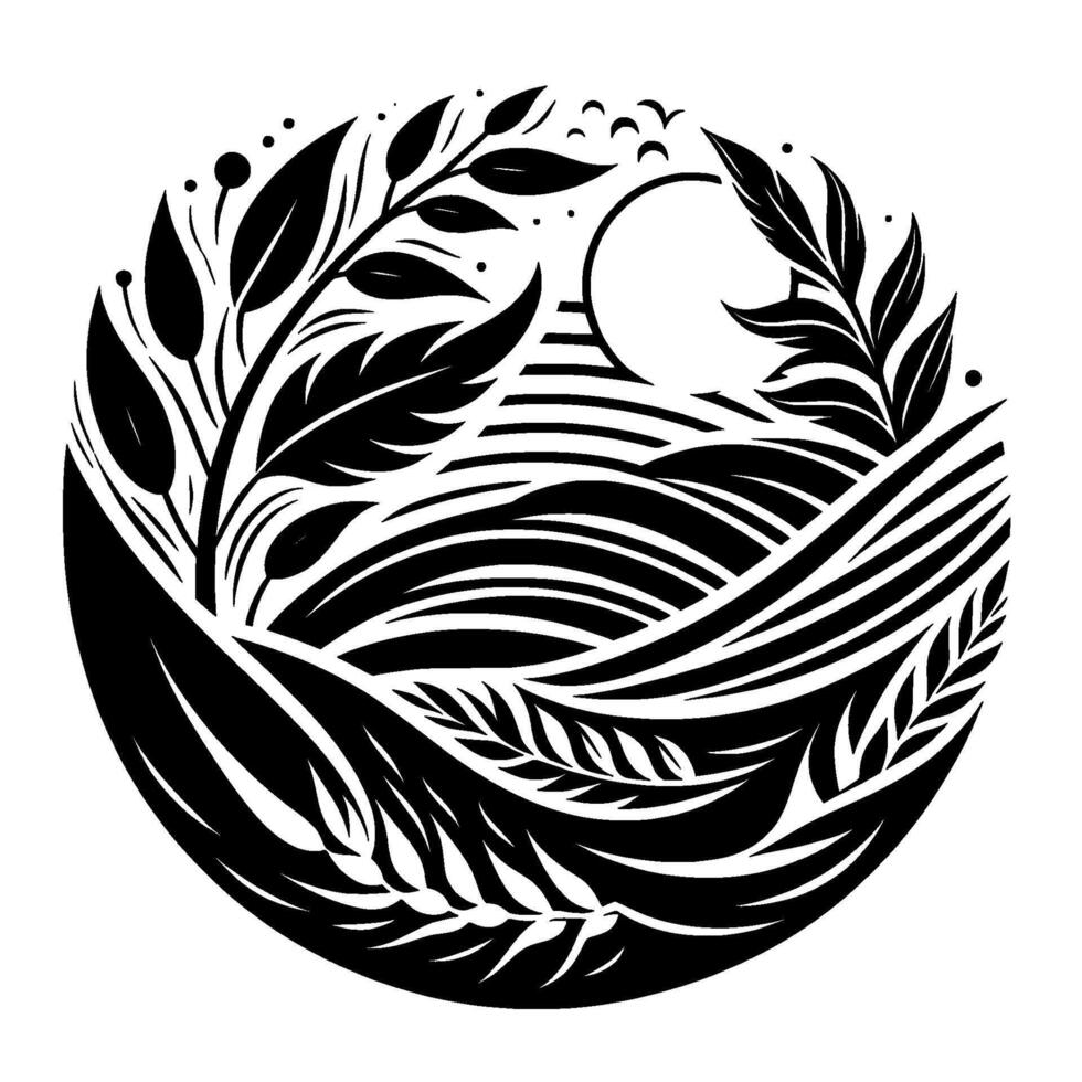 Monochrome circular nature scene with stylized fields, plants, sun, and birds in a minimalist design. vector